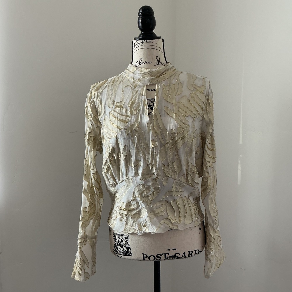 PARKER White Gold Metallic Leaf High Neck Keyhole Long Sleeve Smocked Waist Sz S